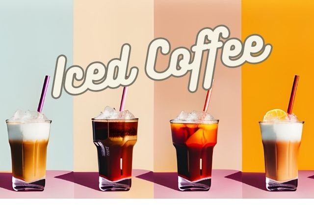 4 styles of iced coffee drink with a straw each/