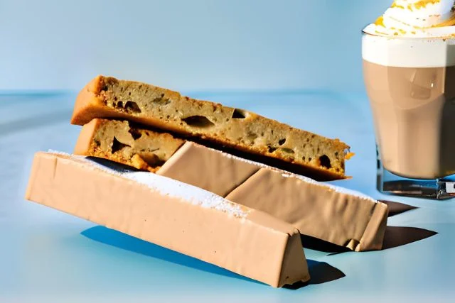 Cappuccino Biscotti with a cappuccino next to it on a blue background.