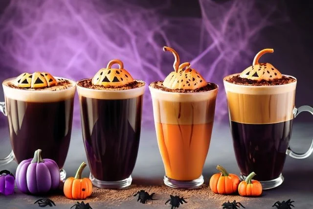 4 Halloween coffee drinks next to each other on a surface with small pumpkins around.