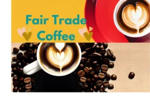 2 cups of coffe with latte arte and hearts to represent Fair Trade Coffee.