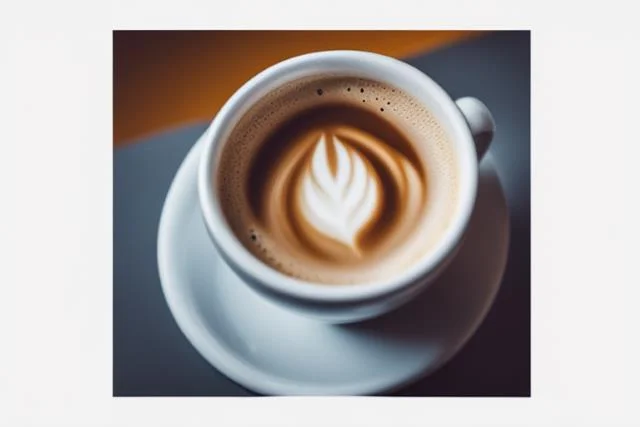 top view image of a macchiato with latte art.