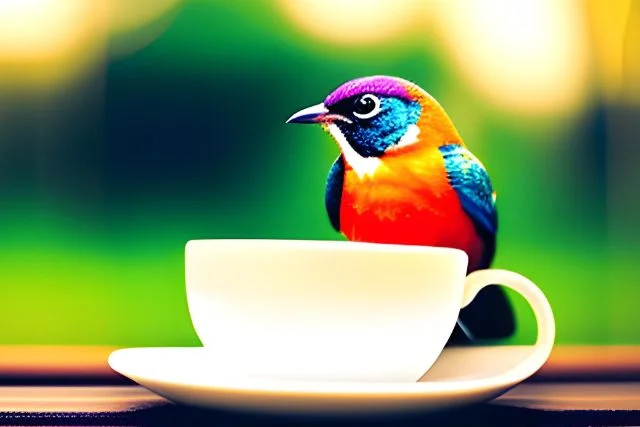 Colourful bird on a coffee cup, supporting bird friendly coffee.