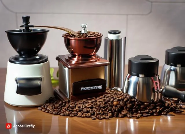 5 burr and bland coffee grinders on a work top with a pile of coffee beans.