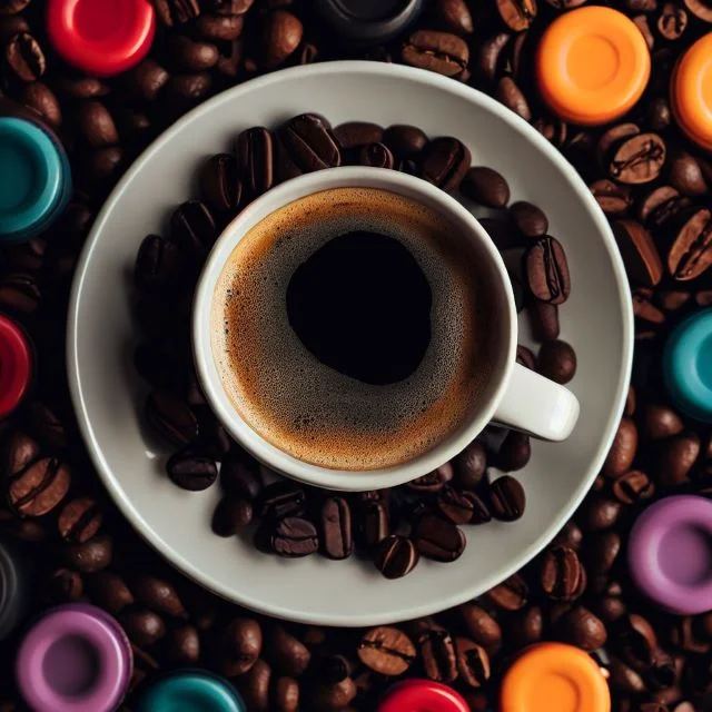 A cup of coffee on a saucer surrounded by coffee beans and coffee pods.