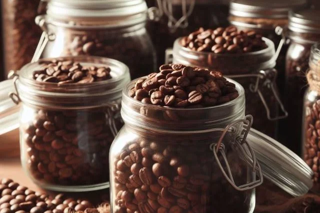 Coffee neans stored in mason jars.