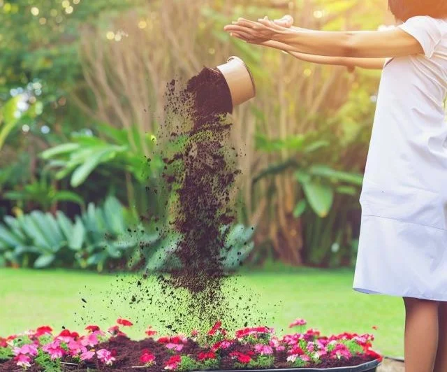 A person throwing coffee grounds onto a flower bed as fertilizer.