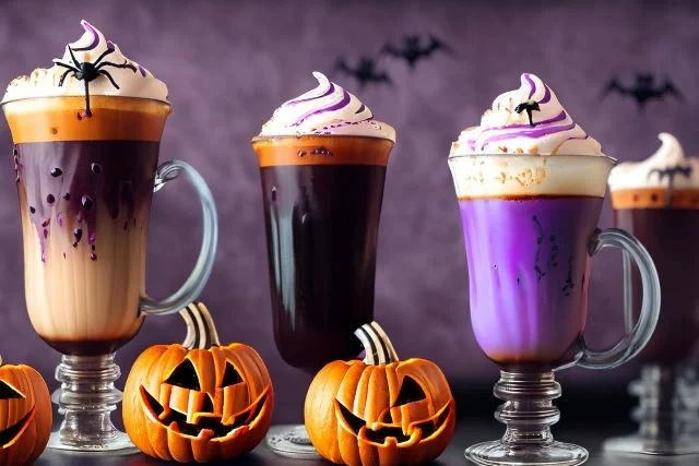 4 Halloween coffee drinks on a surface with cream, small pumpkins in front of them. 