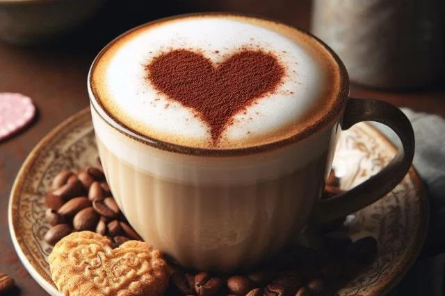 Homemade cuppuccino on a saucer with a biscuit and coffee beans, a heart latte art is on yo.