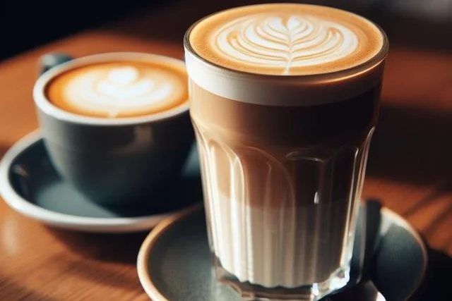 A latte in a glass next to a cuppaccino made with an espresso machine.