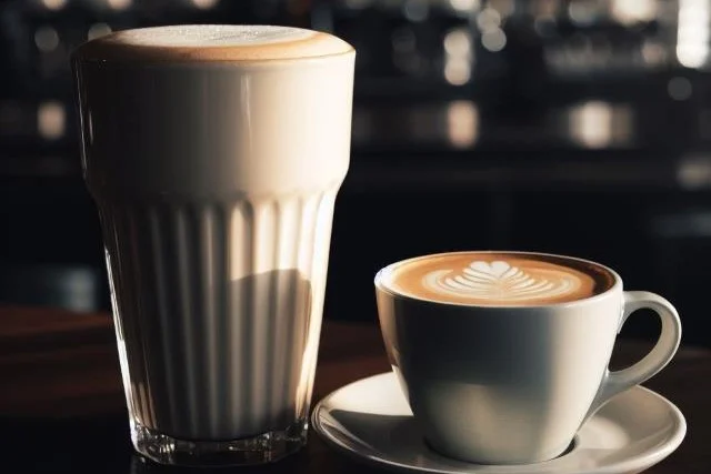 Latte in a glass next to a cappuccino in a mug on a table.