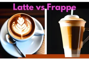 Latte on one half and a frappe on the other half with words Latte vs Frappe at the top.