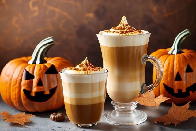 Image of 2 carved pumpkins with 2 glasses of pumpkin spiced latte in front of them.