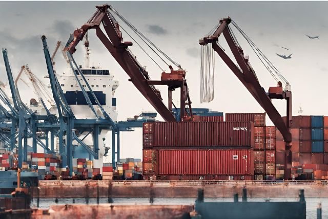 A ship being loaded at a port contributing to the coffee supply chain's carbon footprint.