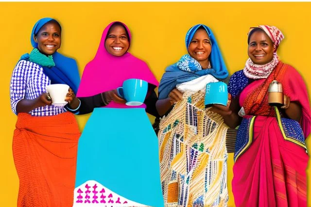 4 women coffee farmers standing with large coffee cups.