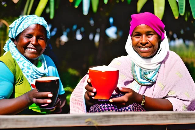 2 women coffee farmers sitting with a large cup of coffee each.