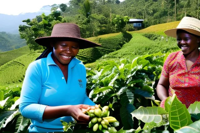 2 women coffee farmers in plantation working.