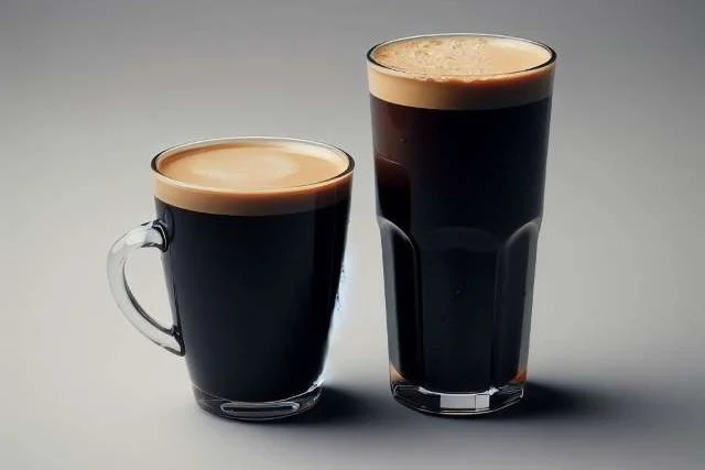 An Americano next to a Long Black both in tall glasses.