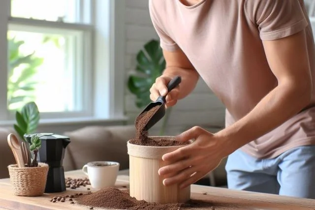 Coffee grounds being added to a plant pot.