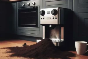 Coffee grounds spilt on the side in front of a coffee machine. Are coffee grounds bad for dogs?
