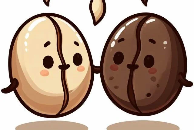 Crtoon image of a light roasted coffee bean next to a dark roasted coffee bean.