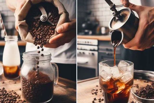 A mason jar being filled with coffee beans on the left and a person pouring cold brew coffee on the right.