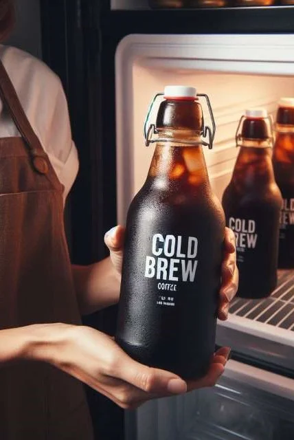 Cold brew coffee being stored in a fridge.