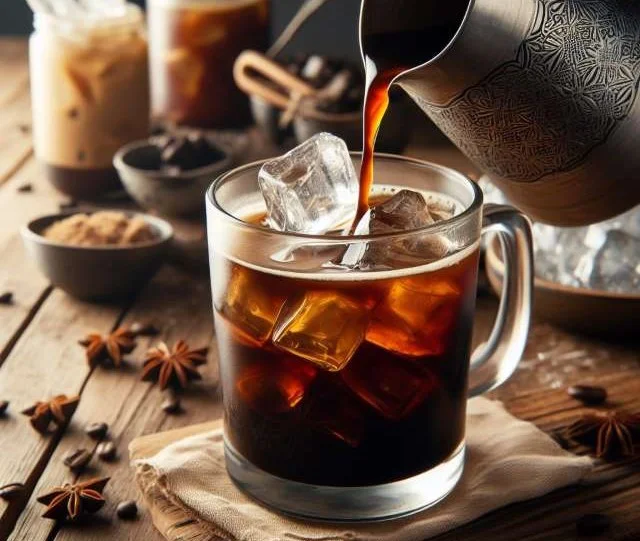 A glass of cold brew coffee being poured.