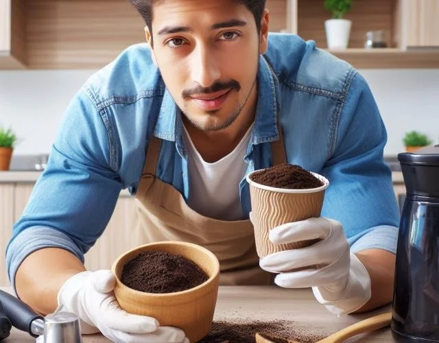 Man holding a cup of coffee grounds in each hand.