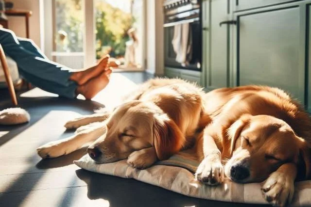 2 dogs sleeping on a kitchen floor.