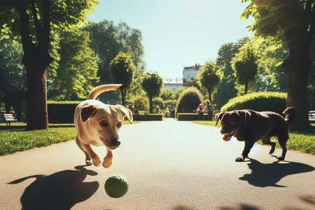 2 dogs playing on path in a park.