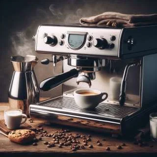 An espresso machine in a kitchen pulling an espresso.