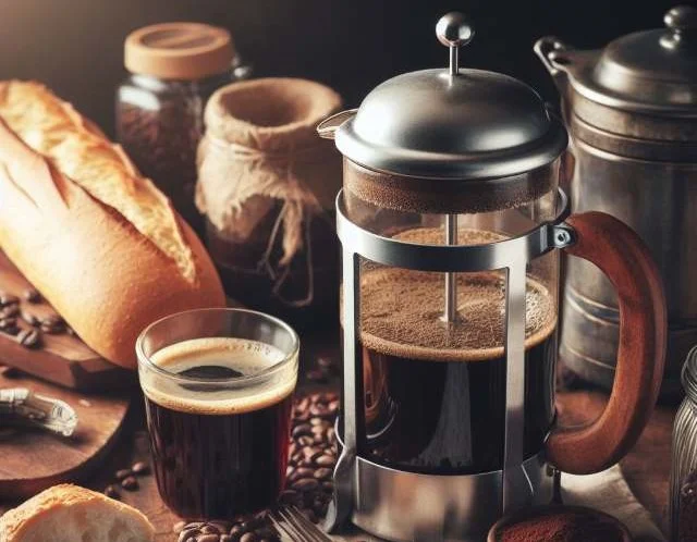 A French press half filled with a cup of freshly poured coffee next to it in a kitchen.