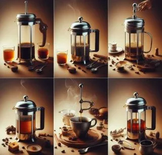 Six images of a French press surrounded by coffee beans.