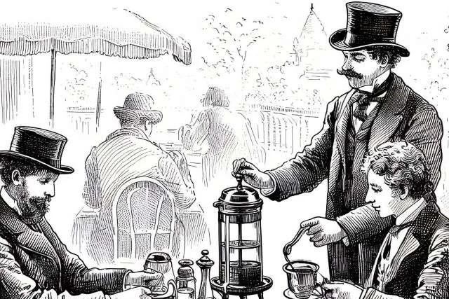 A line art pencil drawing of 1800s gentelmen enjoying French press coffee in a cafe.