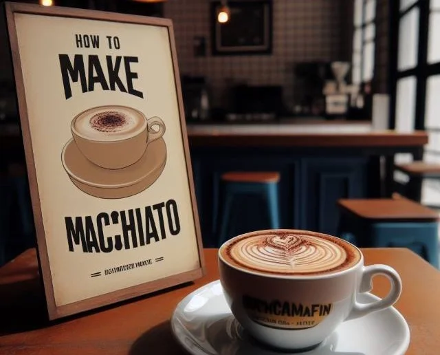 A cup of macchiato on a table with a sign saying 'How to make macchiato'