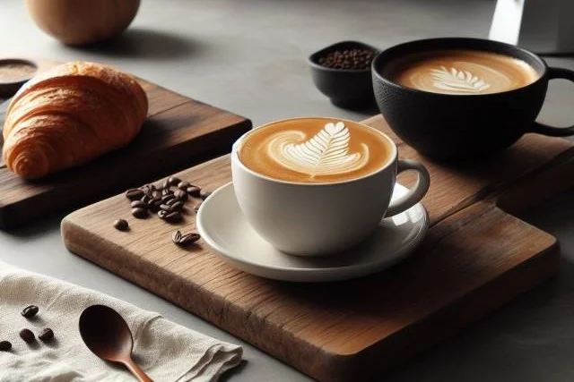 Image of a lattee and a coffee on a chopping board in a kitchen.