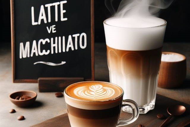 A macchiato next to a latte on a chopping board with a sign saying 'latte vs macchiato;