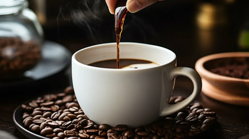 Coffee cup on a saucer surrounded by coffee beans with a mocha being poured into the cup.