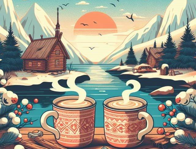 A scandinavian landscape with 2 cups of coffee in the foreground depicting Scandinavian coffee culture.