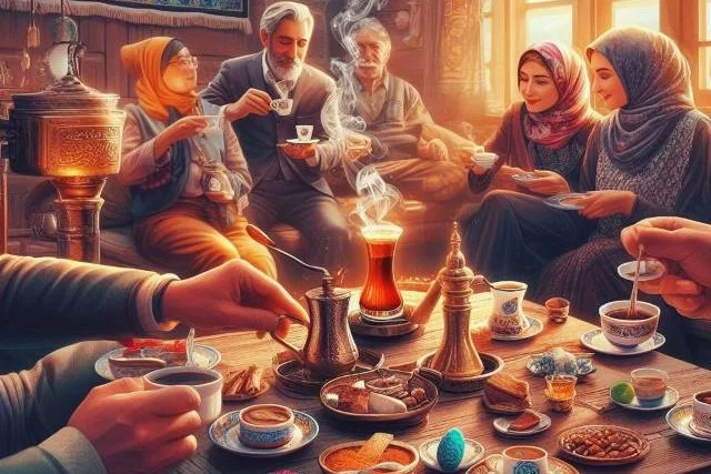 People sitting in a traditional Turkish cultural setting enjoying Turkish coffee.