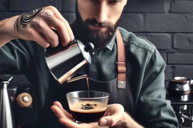 A barista expertly crafting a Black Eye Coffee.