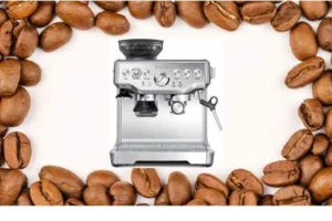 Breville Brarista Express espresso machine with a coffee bean background.