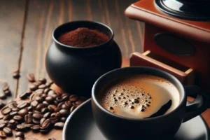 A cup of coffee with coffee beans and a coffee grinder.