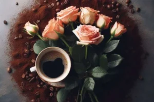 Cut roses on a table surrounded by coffee rounds and beans.
