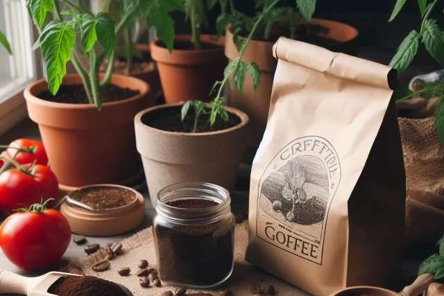 A bag of coffee grounds next to a tomato plant.