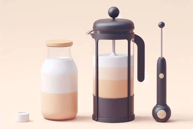 A French press half filled with milk, with an electric handheld milk frother and a bottle of milk next to it.