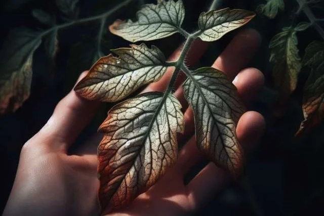 A tomato plant with burned leaves.